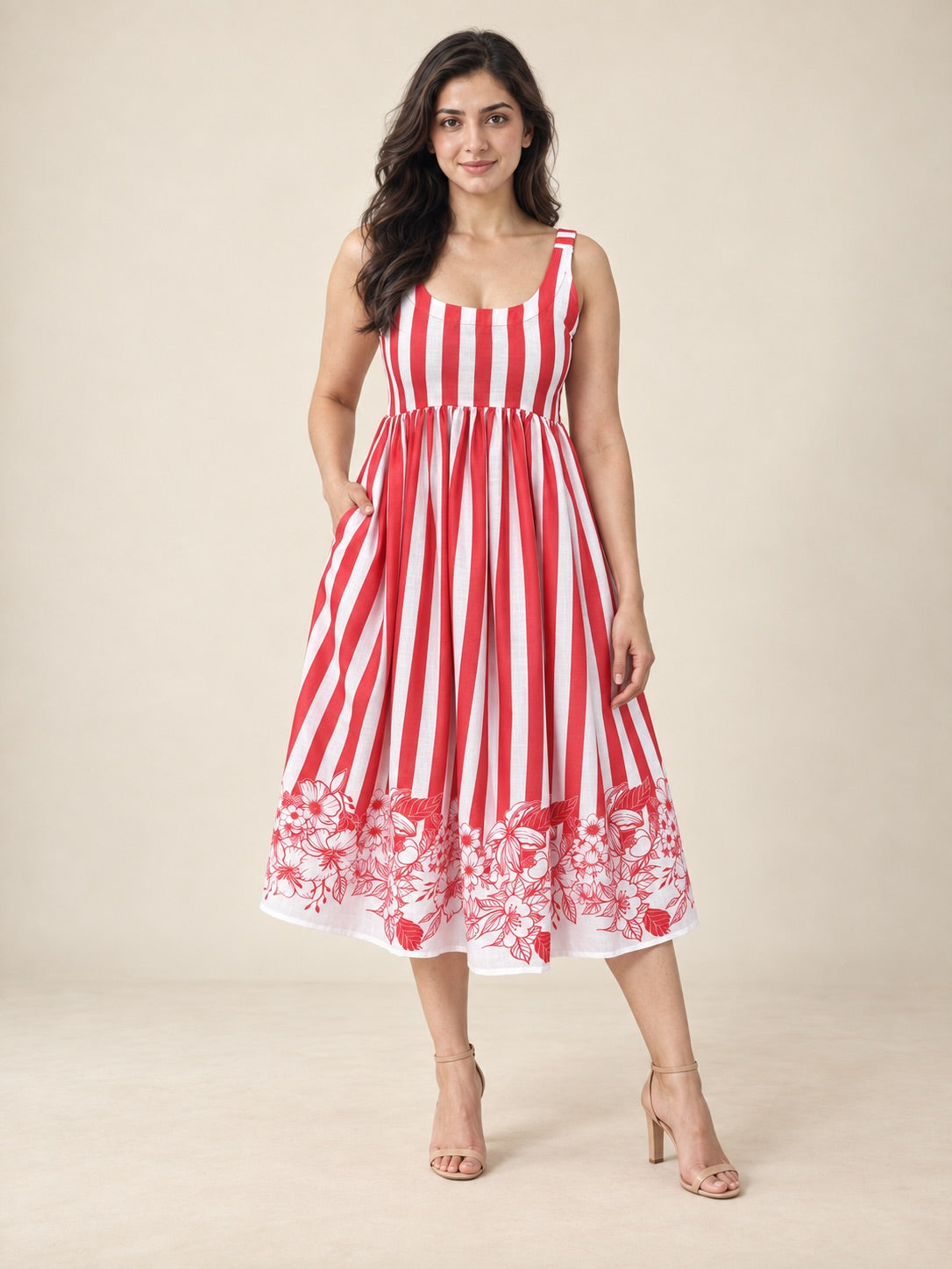 Red & White Striped Floral Print Midi Dress