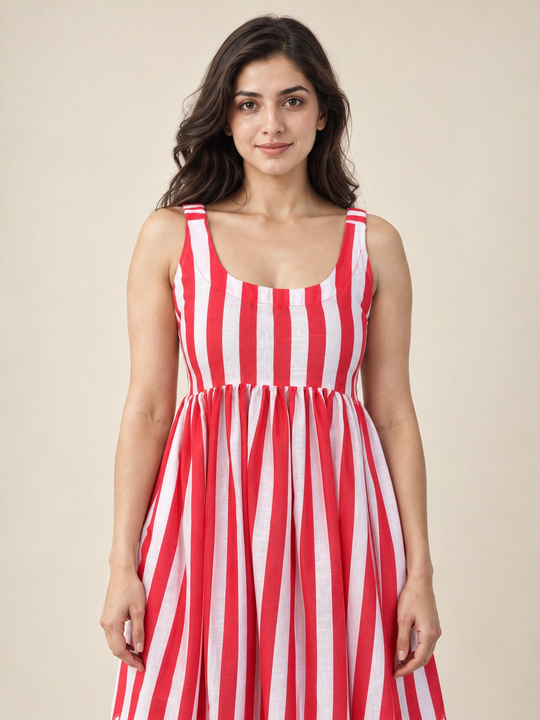 Red & White Striped Floral Print Midi Dress