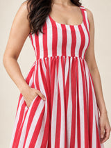 Red & White Striped Floral Print Midi Dress