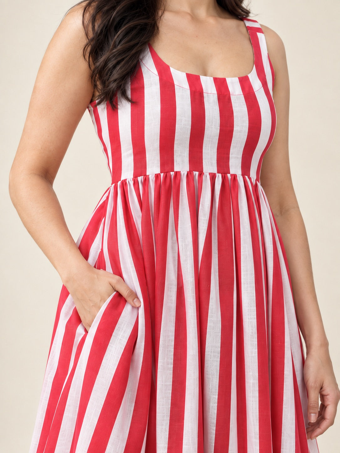 Red & White Striped Floral Print Midi Dress