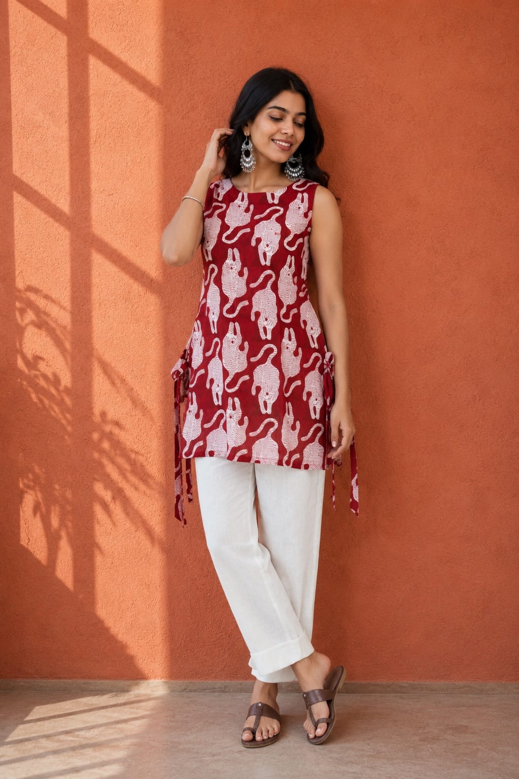 Red Tiger Print Cotton Short Kurti