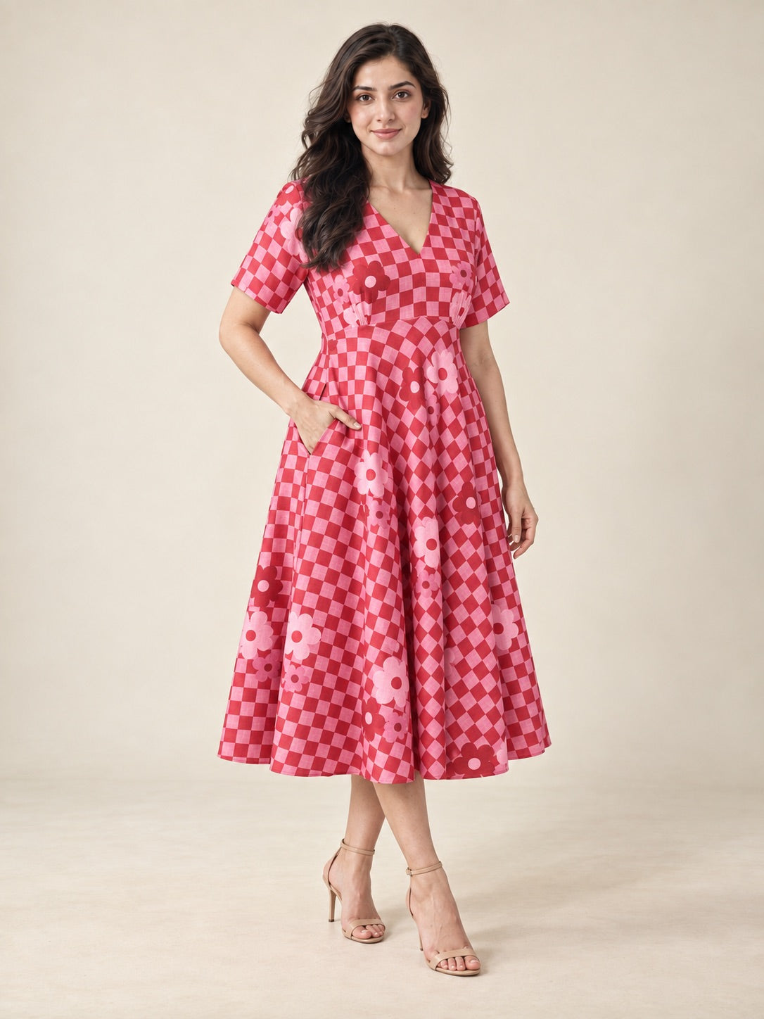 Retro Red Pink Checkered Flower Print Flare Midi Dress