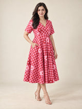 Retro Red Pink Checkered Flower Print Flare Midi Dress