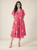 Retro Red Pink Checkered Flower Print Flare Midi Dress