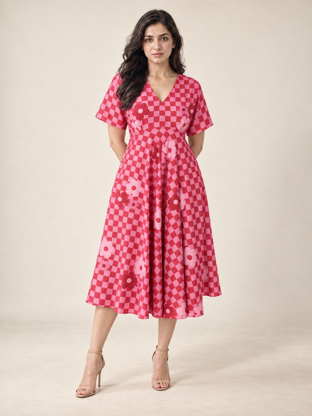 Retro Red Pink Checkered Flower Print Flare Midi Dress