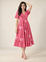 Retro Red Pink Checkered Flower Print Flare Midi Dress