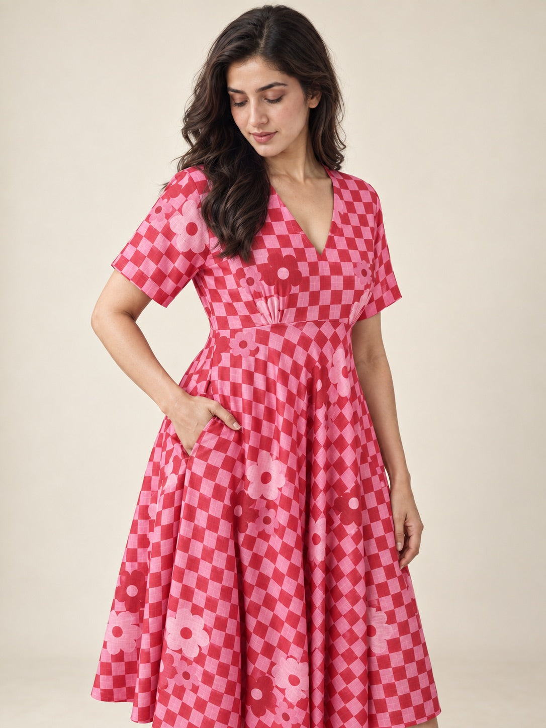 Retro Red Pink Checkered Flower Print Flare Midi Dress