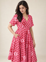 Retro Red Pink Checkered Flower Print Flare Midi Dress