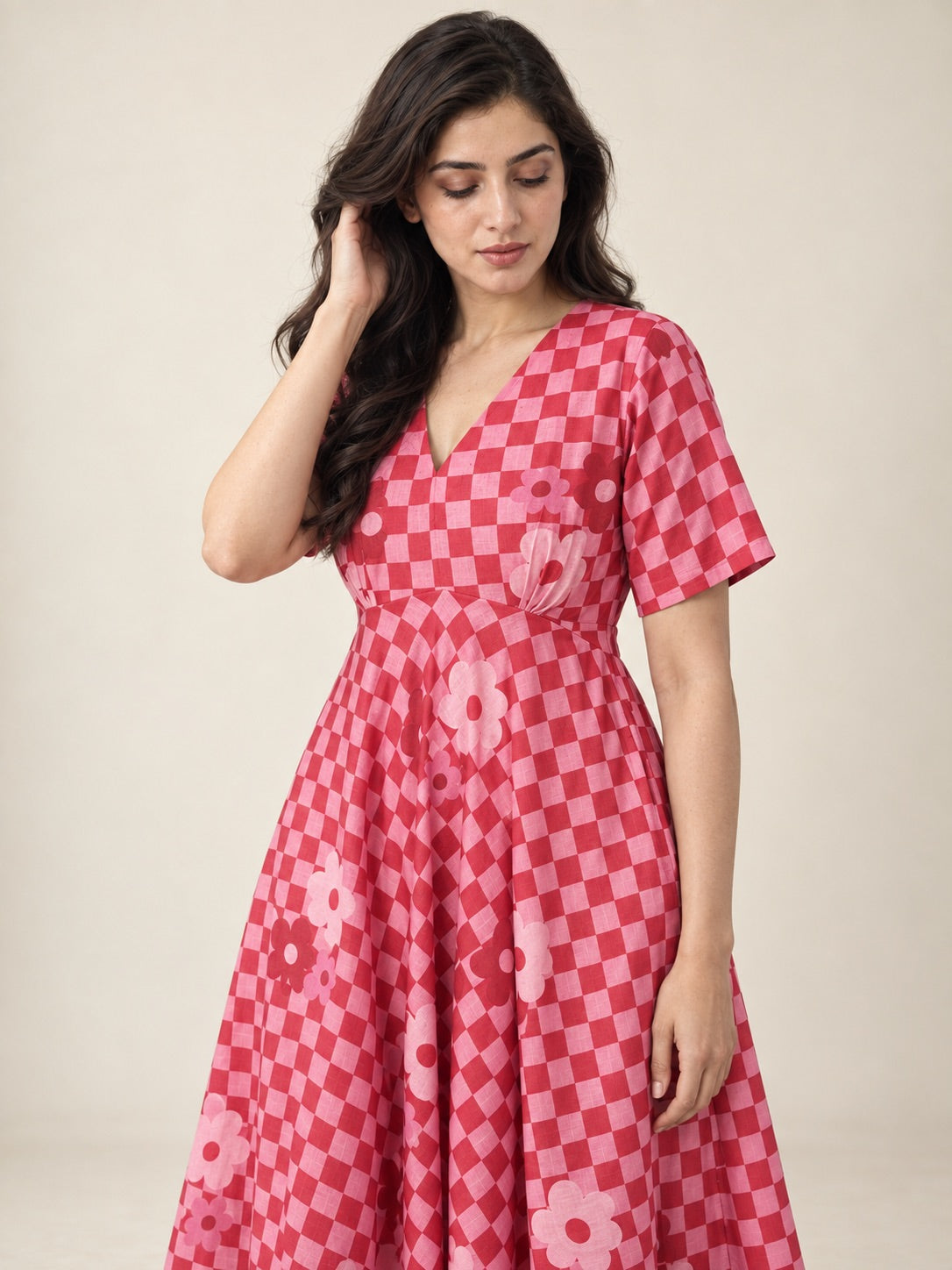 Retro Red Pink Checkered Flower Print Flare Midi Dress