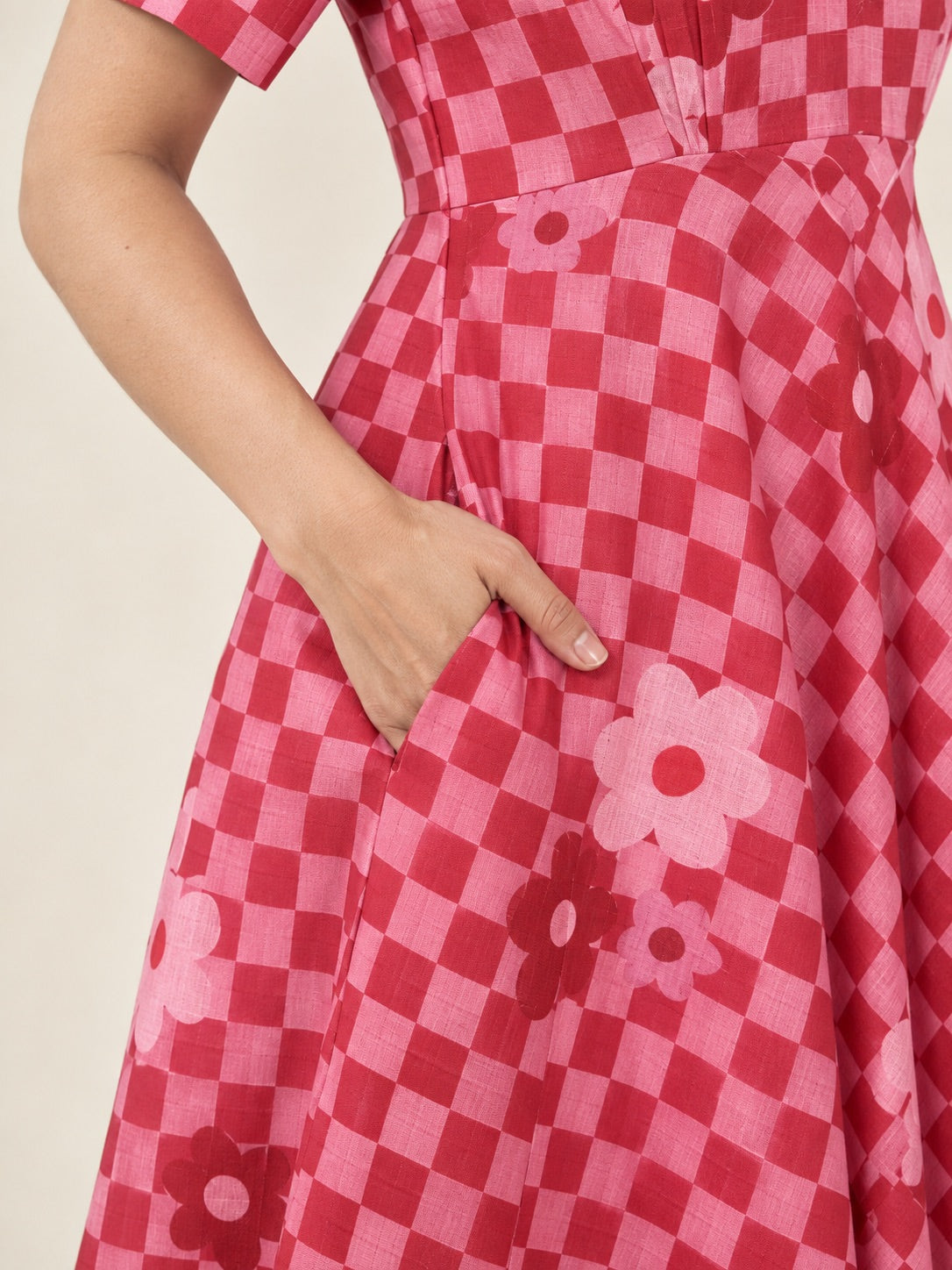Retro Red Pink Checkered Flower Print Flare Midi Dress