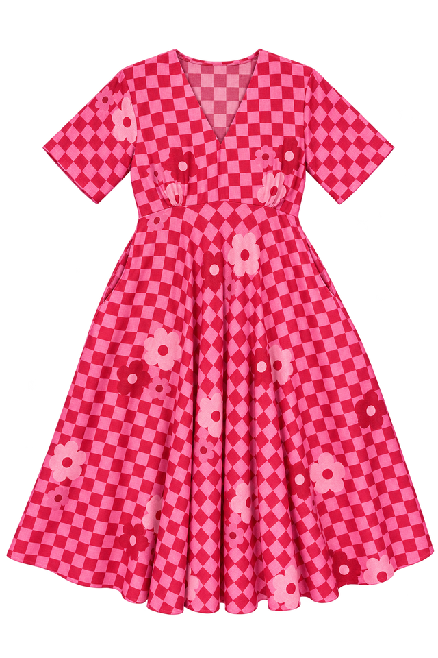 Red Pink Checkered Print - Flared Midi Dress