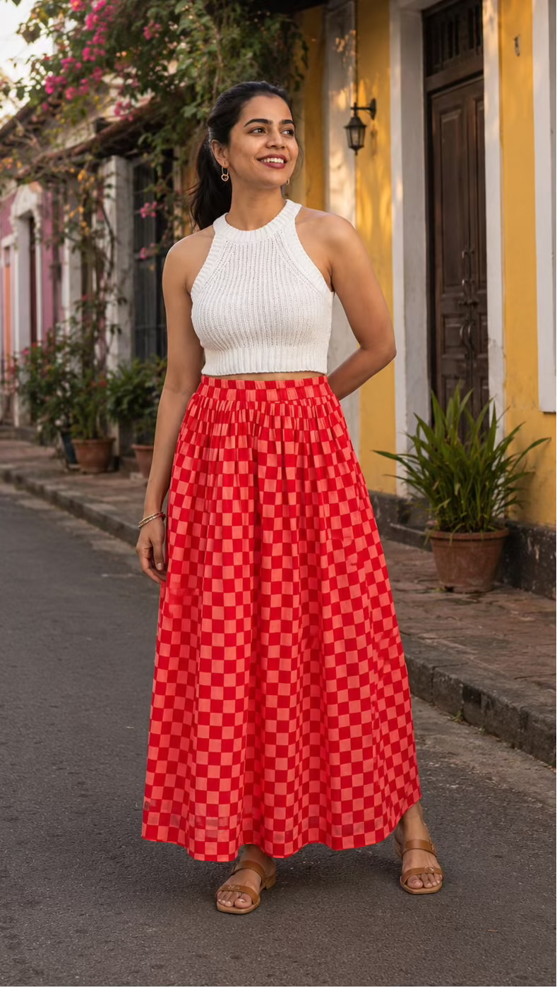 Red Checked Cotton Midi Skirt