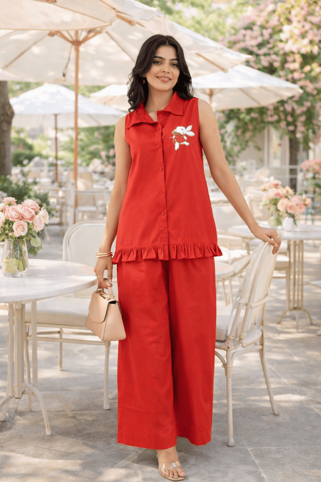 Red sleeveless co-ord set with floral embroidery, perfect for casual outdoor wear