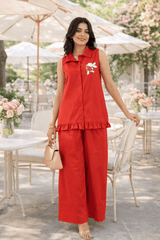 Red sleeveless co-ord set with floral embroidery, perfect for casual outdoor wear