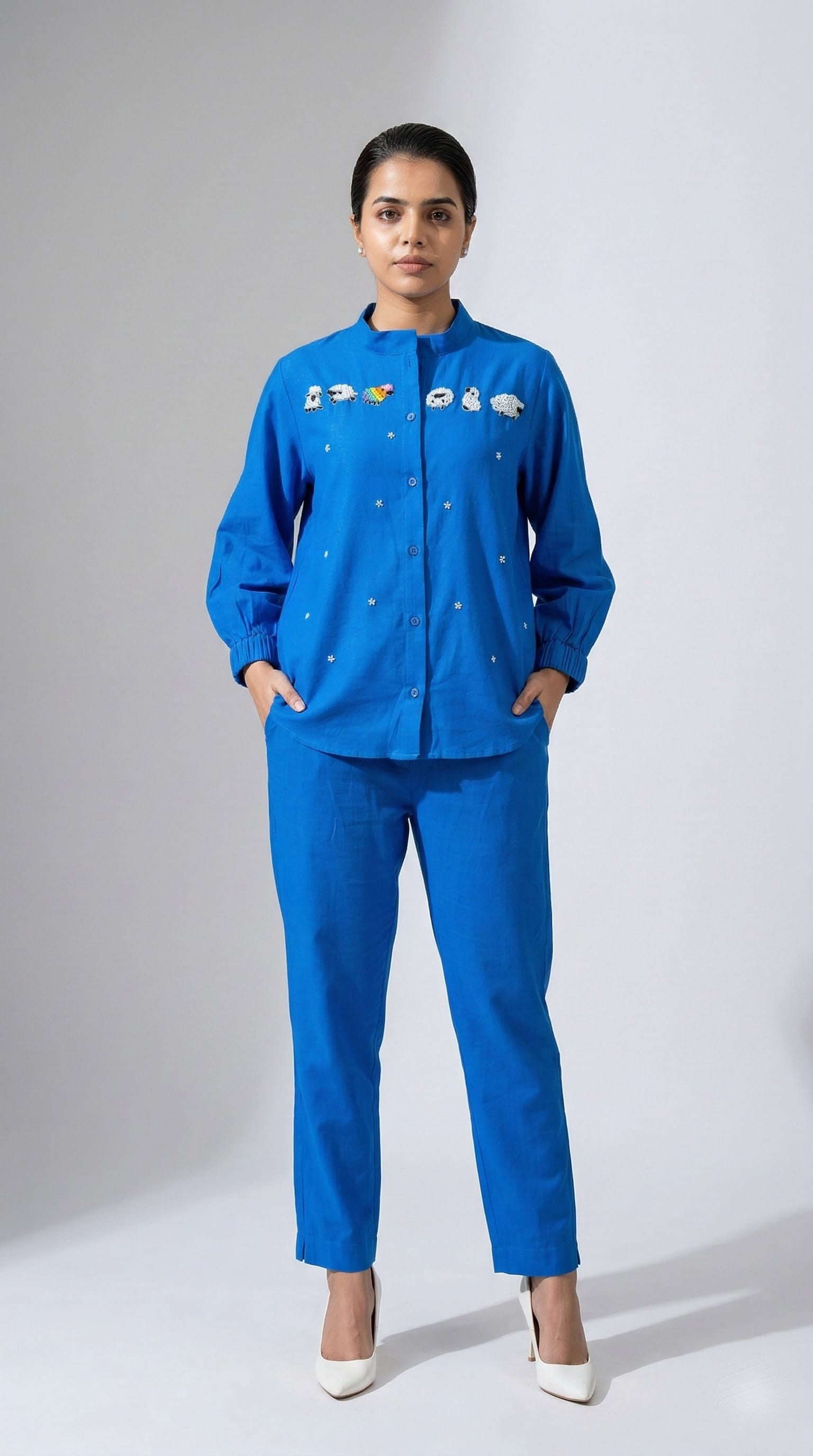 Royal Blue Cotton Co-Ord with Sheep Embroidery