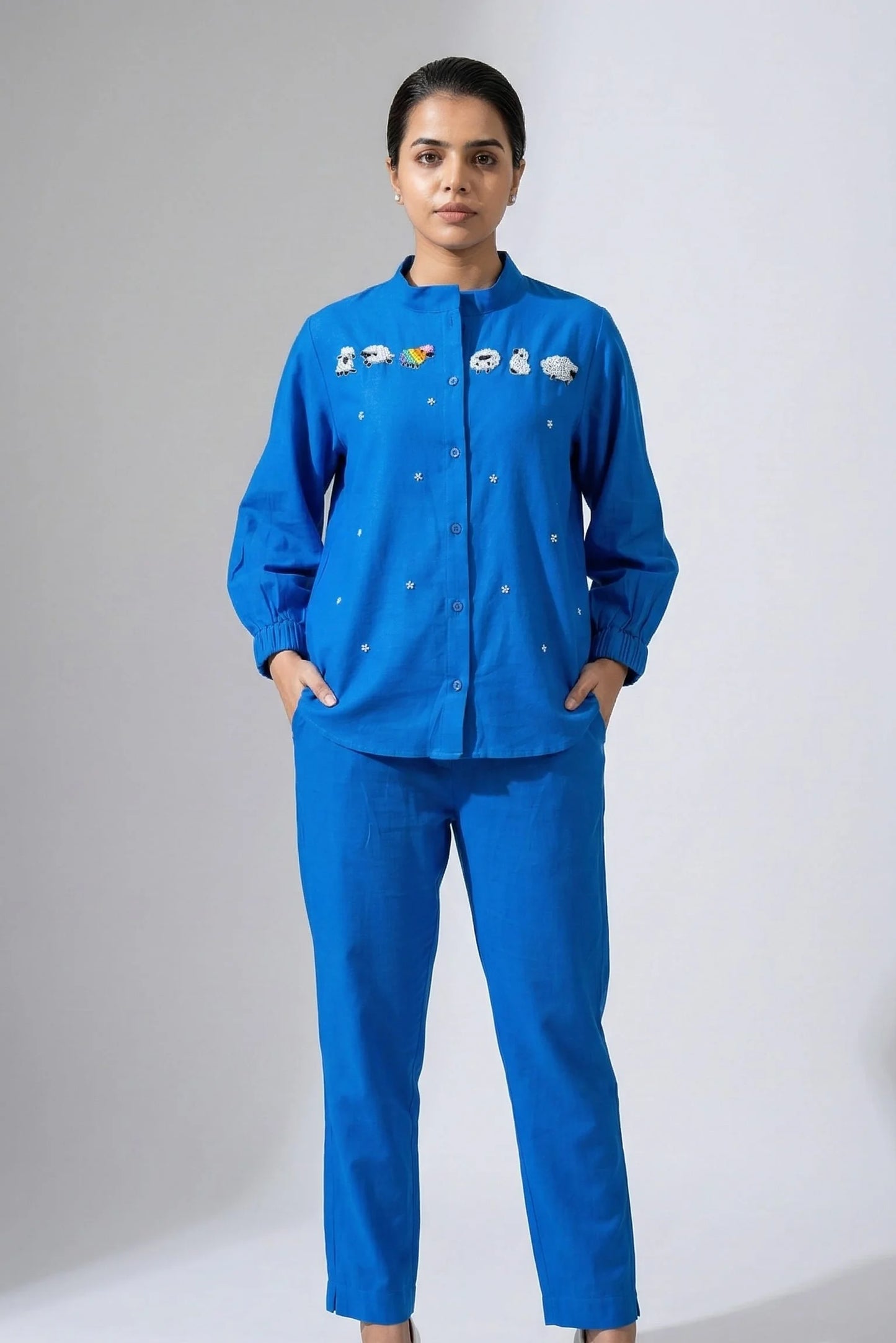 Royal Blue Cotton Co-Ord with Sheep Embroidery