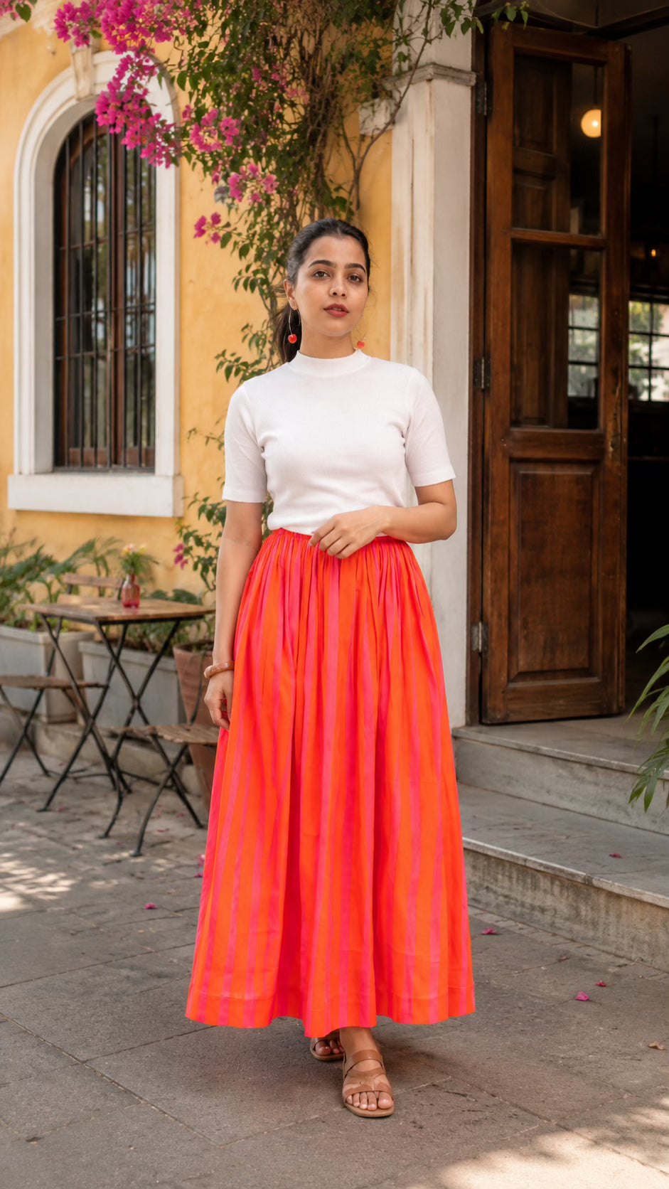 Orange Pink Striped Cotton Midi Skirt