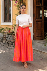Orange Pink Striped Cotton Midi Skirt