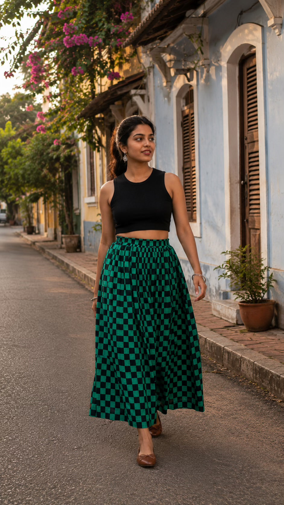 Green Checked Cotton Midi Skirt