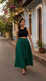Green Checked Cotton Midi Skirt