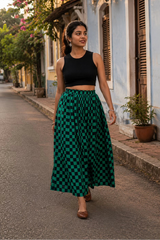Green Checked Cotton Midi Skirt