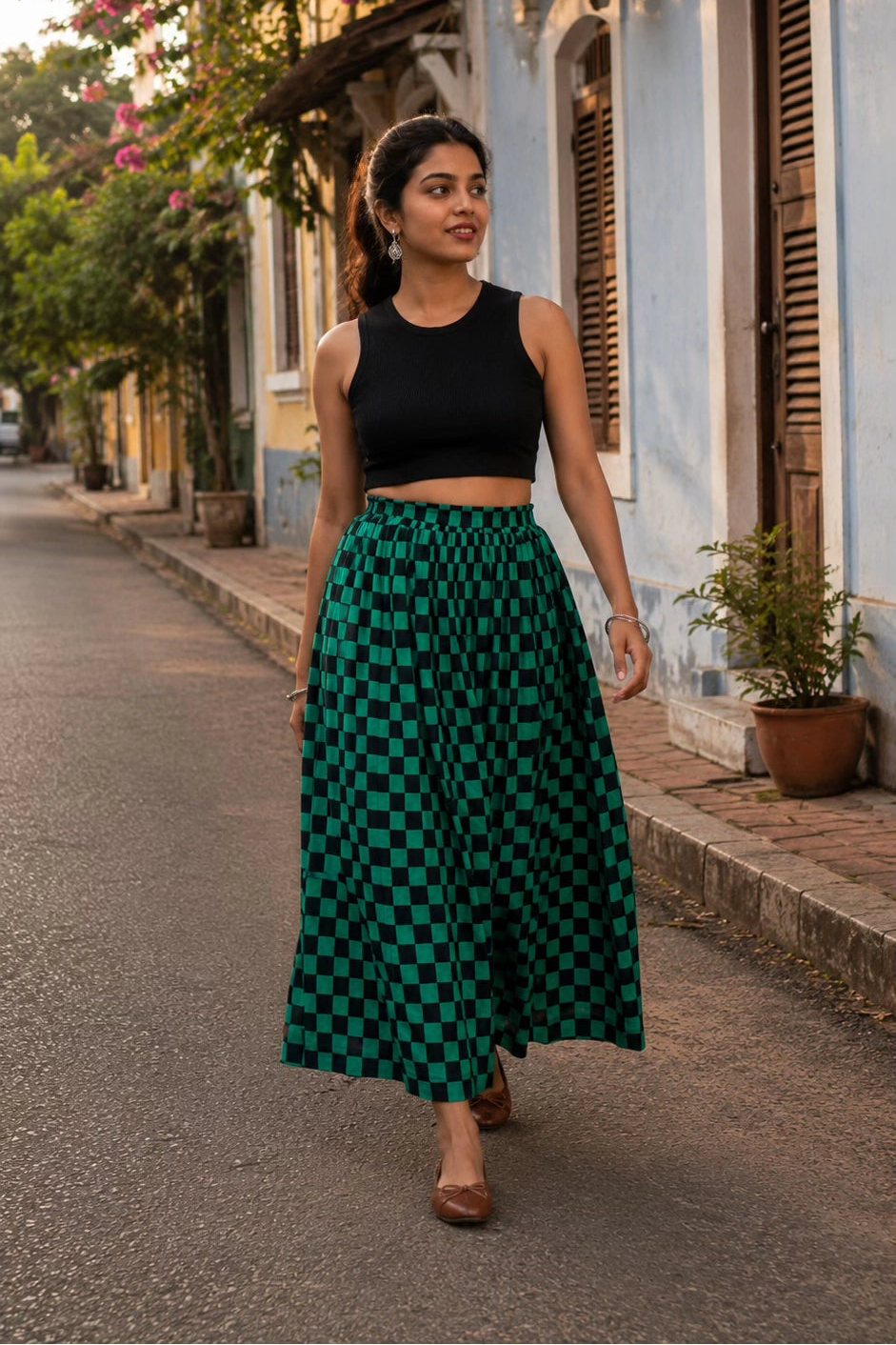 Green Checked Cotton Midi Skirt