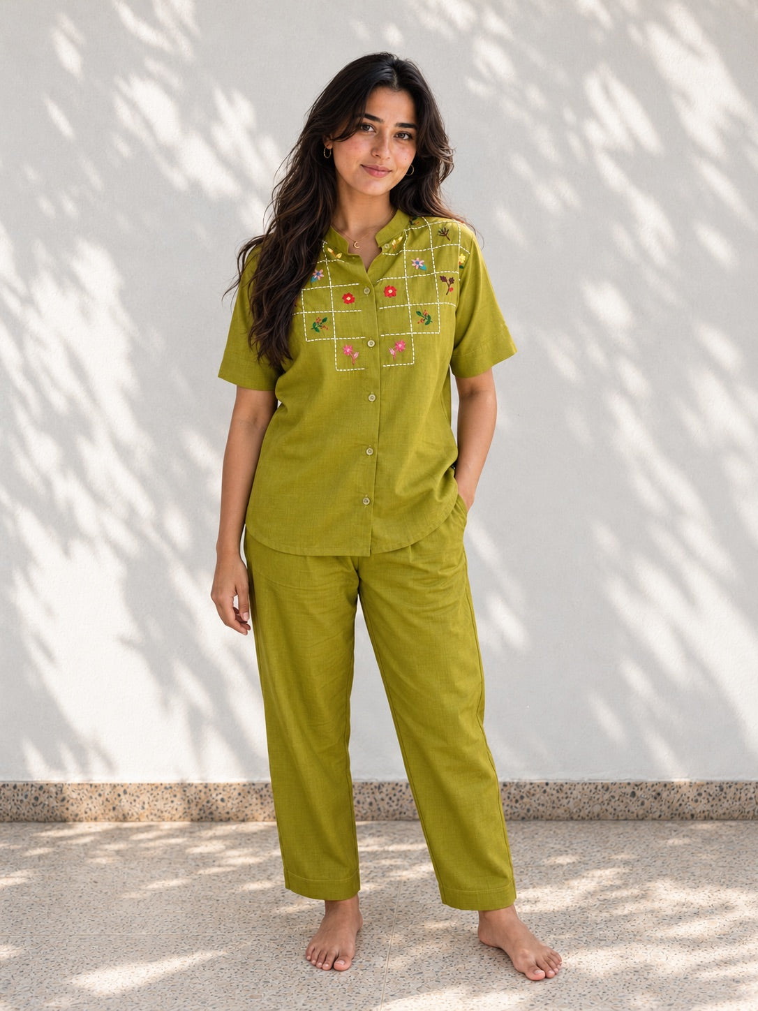 Tea Green Floral Embroidered Co Ord