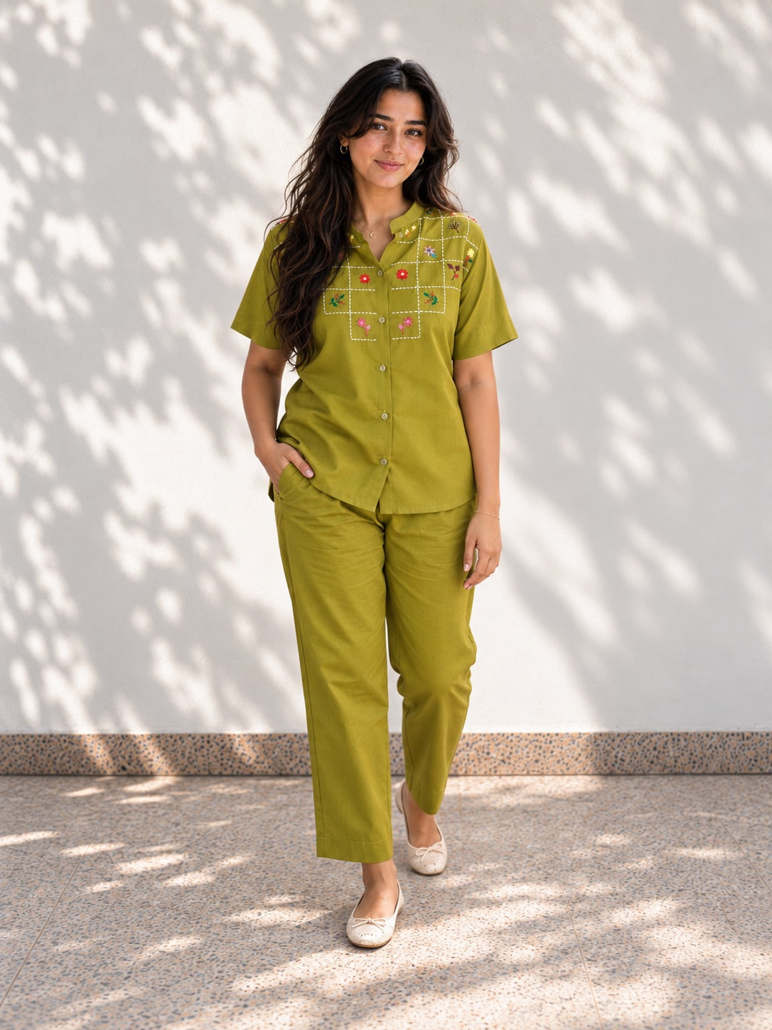 Tea Green Floral Embroidered Co Ord
