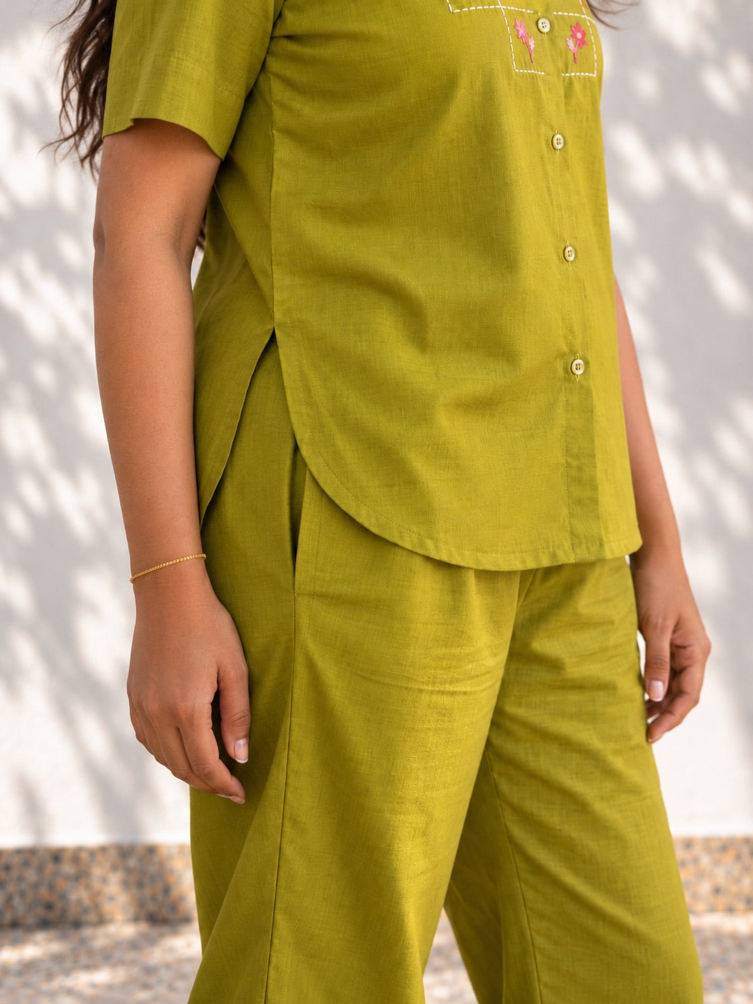 Tea Green Floral Embroidered Co Ord