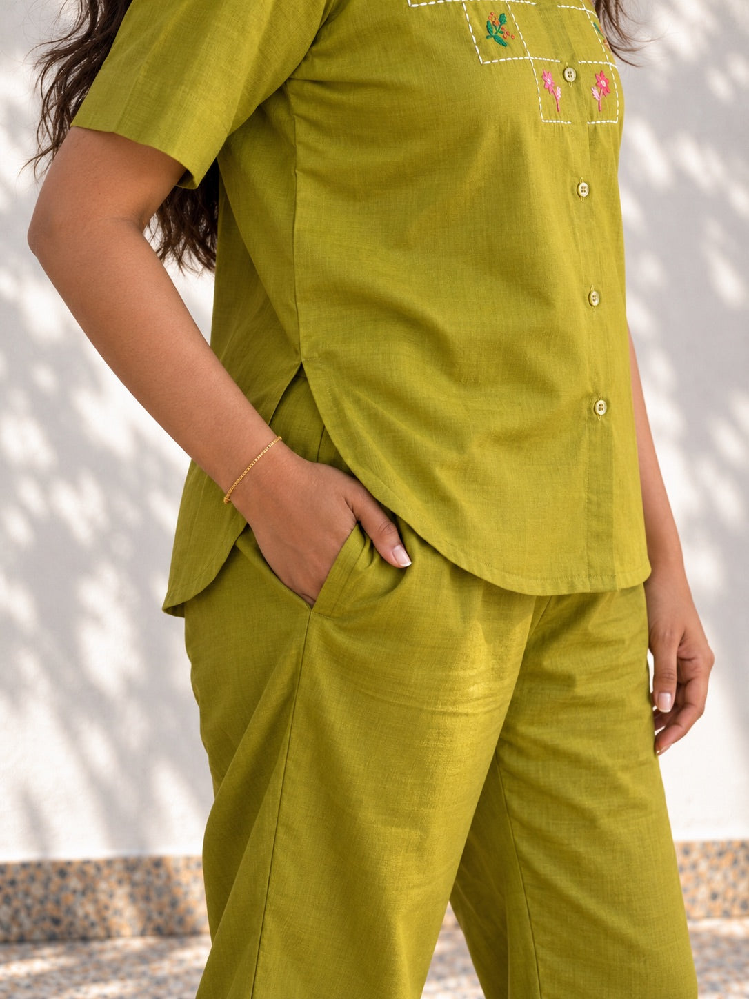 Tea Green Floral Embroidered Co Ord