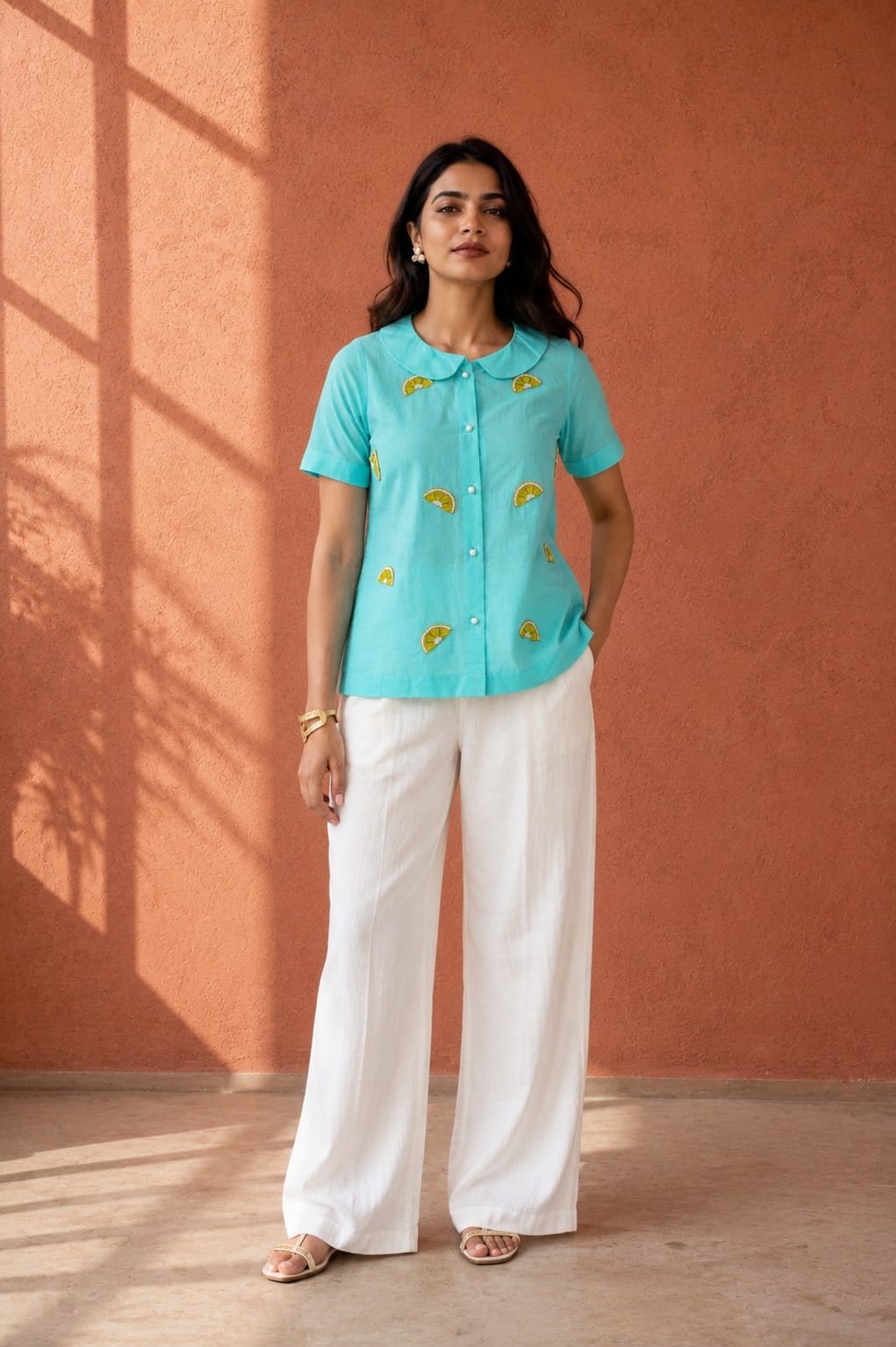 Turquoise Cotton Linen Shirt with Lemon Embroidery
