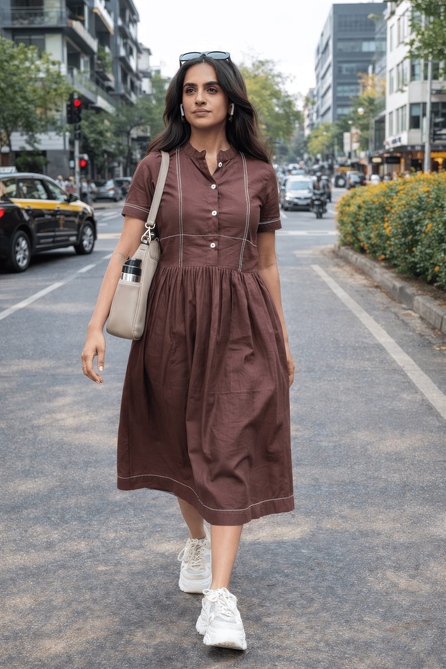 brown cotton dress Linen Midi with Drawstring Waist and V-Neck and short sleeves Cotton Brown Midi Dress, Women's