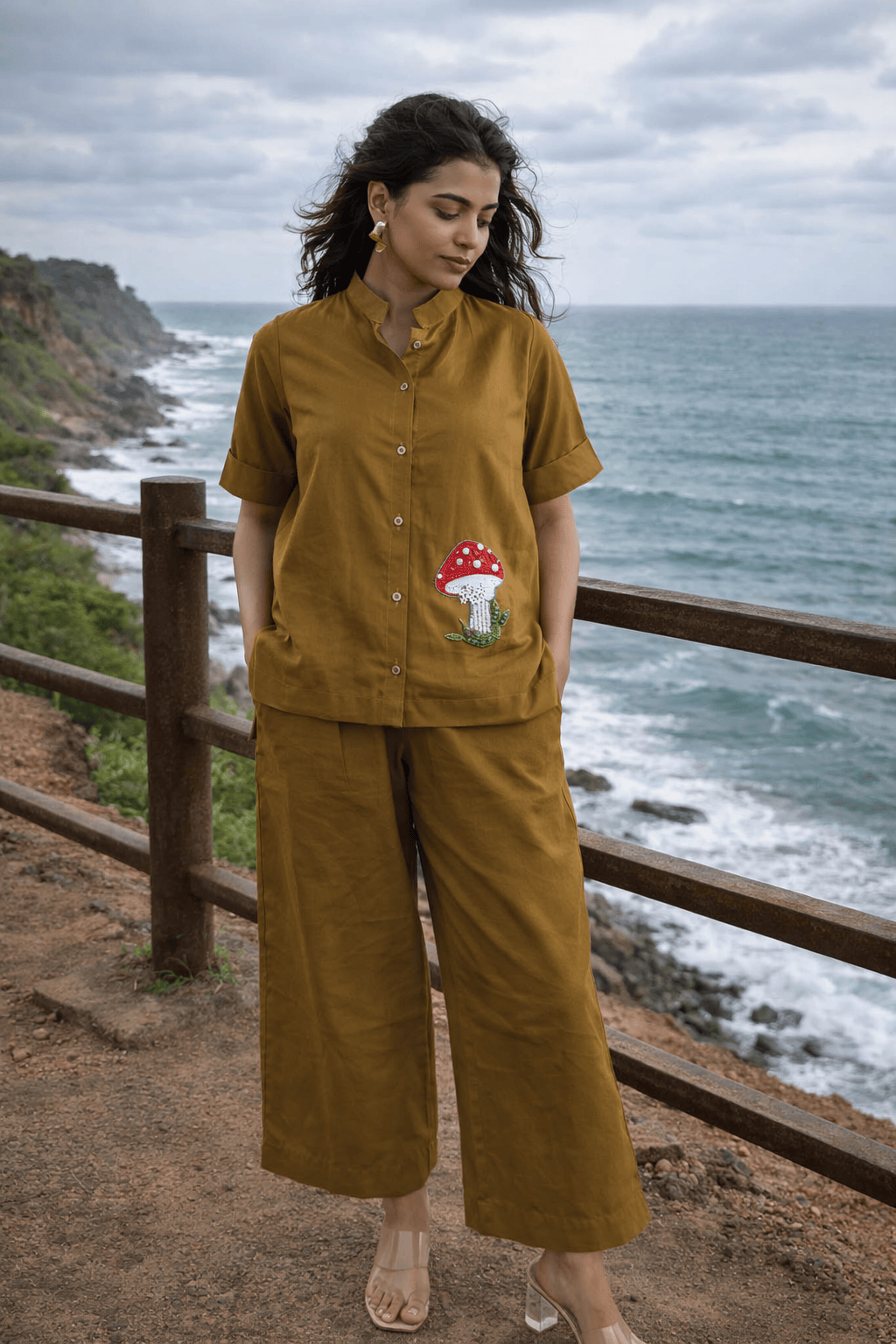 Mustard co-ord set with mushroom embroidery, coastal view, trendy women's fashion