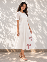 White Chanderi Silk Dress - Dragon Fly Embroidery