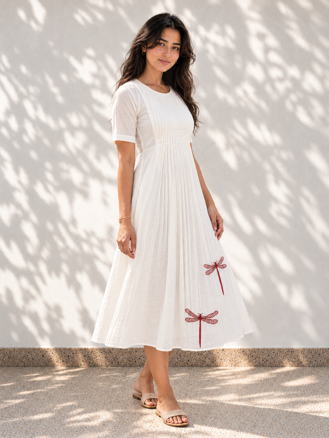 White Chanderi Silk Dress - Dragon Fly Embroidery
