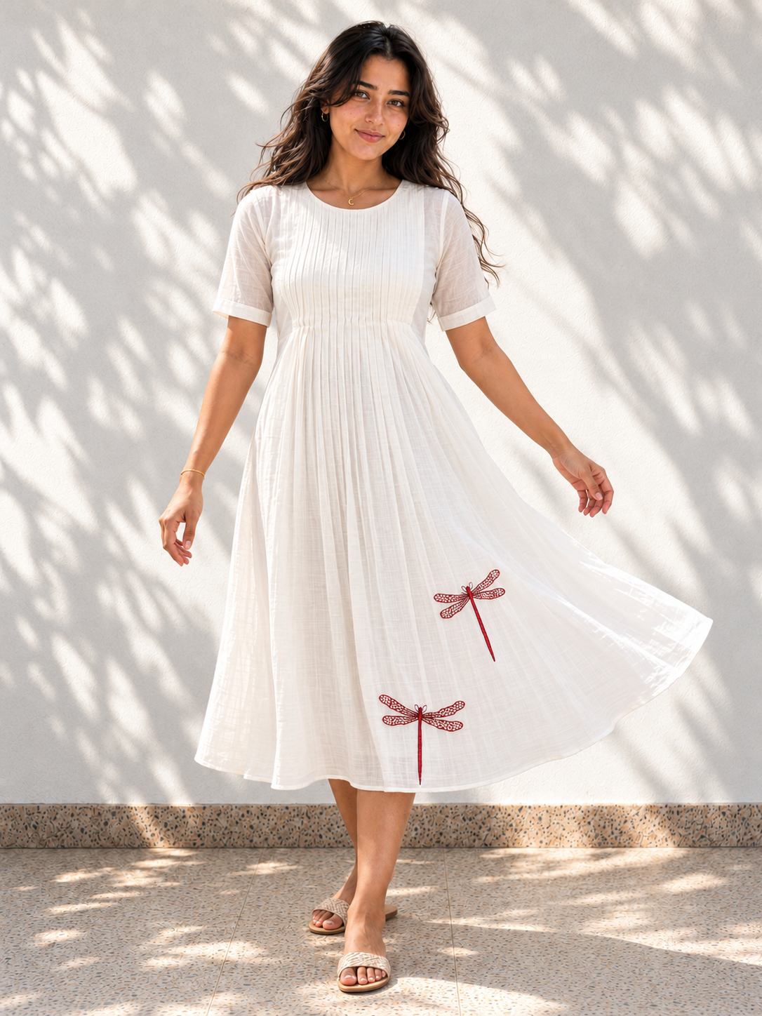 White Chanderi Silk Dress - Dragon Fly Embroidery