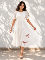 White Chanderi Silk Dress - Dragon Fly Embroidery