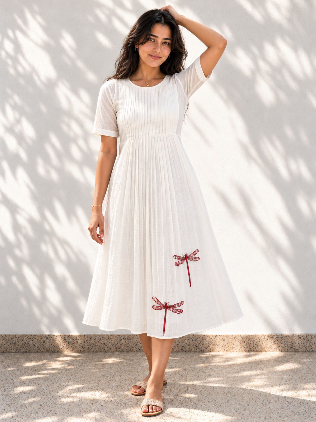 White Chanderi Silk Dress - Dragon Fly Embroidery