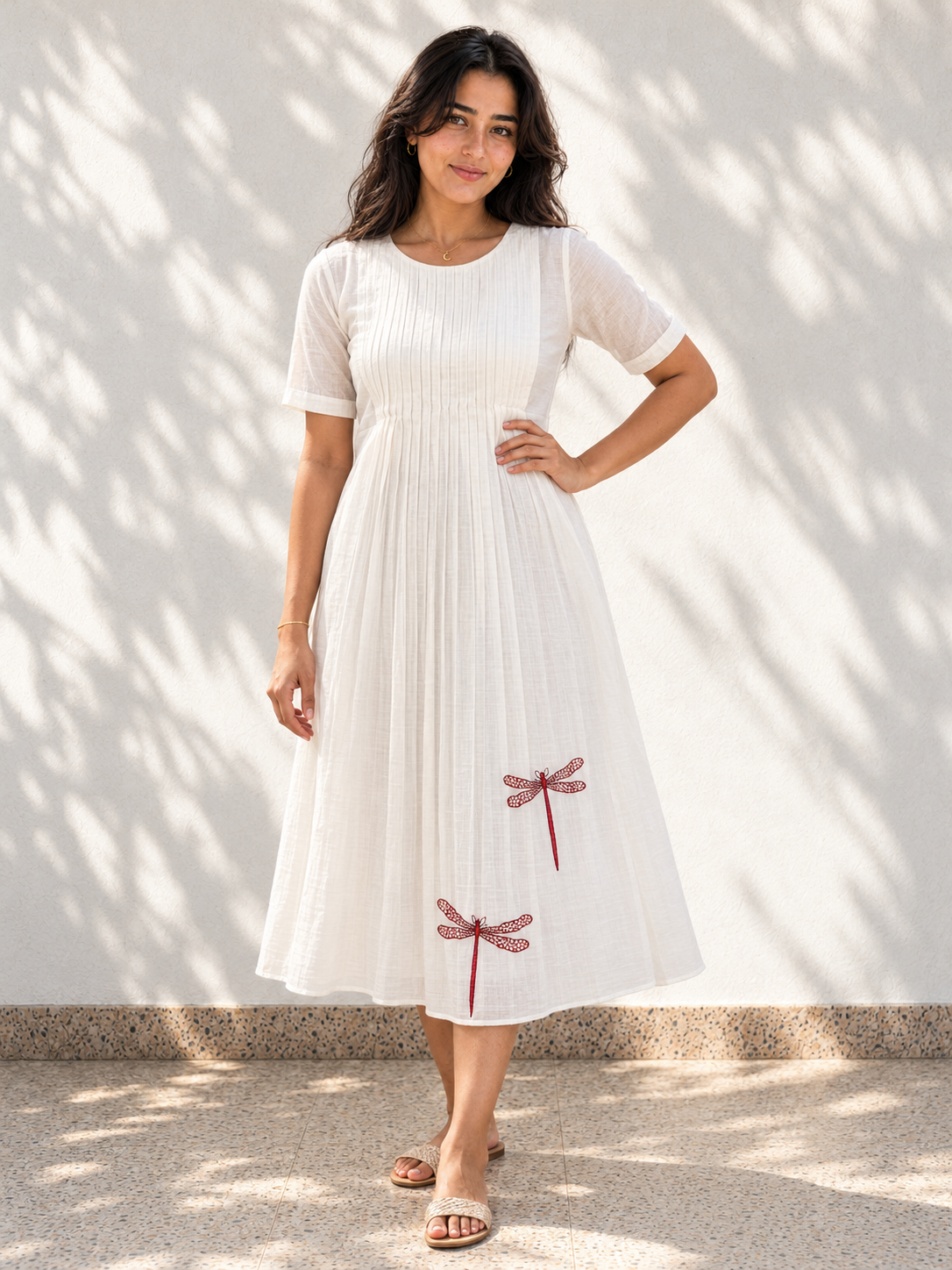 White Chanderi Silk Dress - Dragon Fly Embroidery
