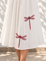 White Chanderi Silk Dress - Dragon Fly Embroidery