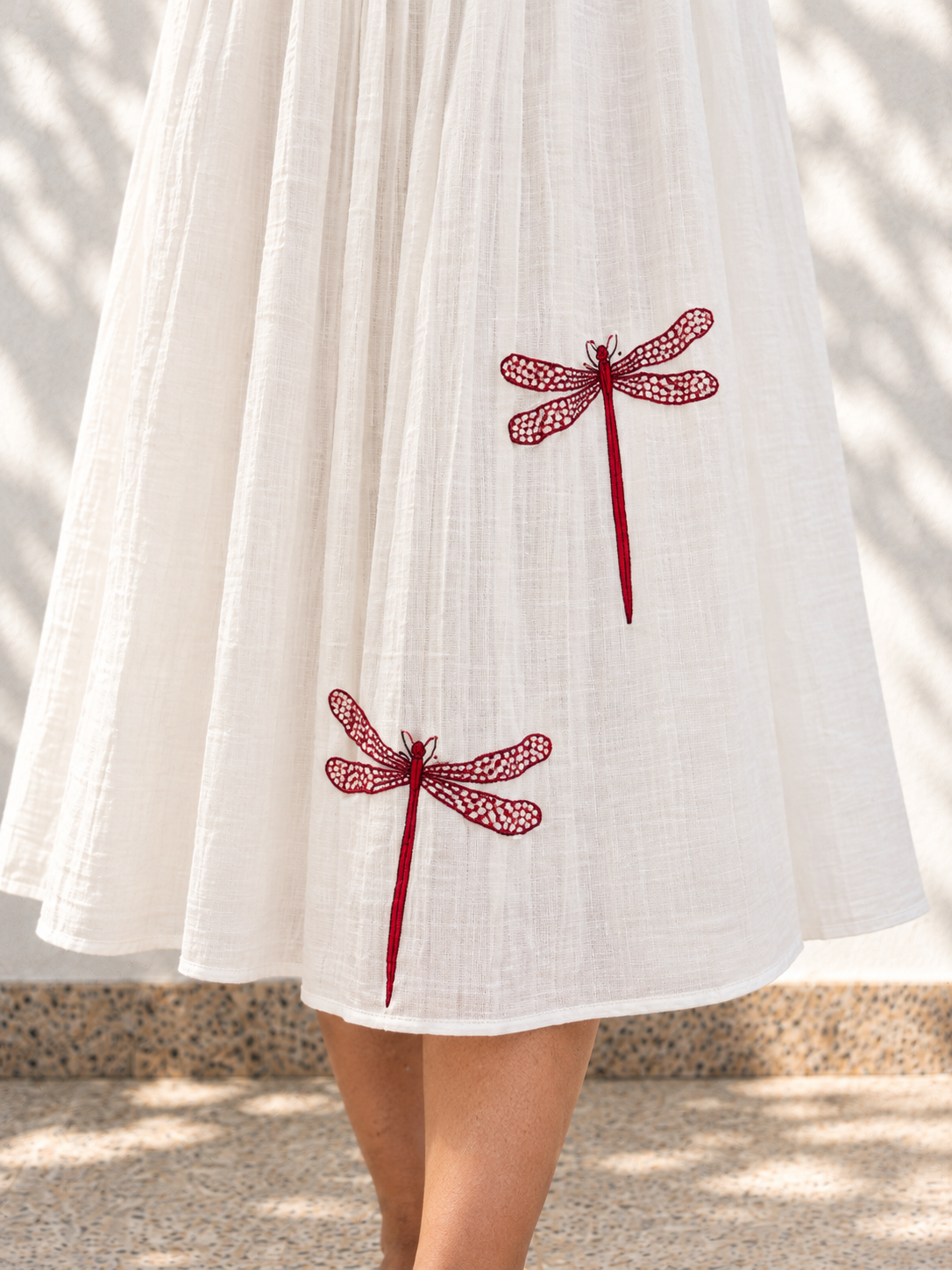 White Chanderi Silk Dress - Dragon Fly Embroidery