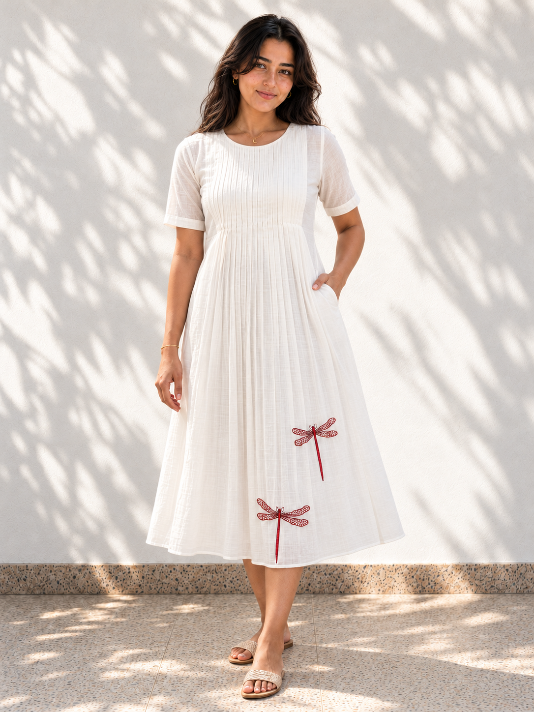 White Chanderi Silk Dress - Dragon Fly Embroidery