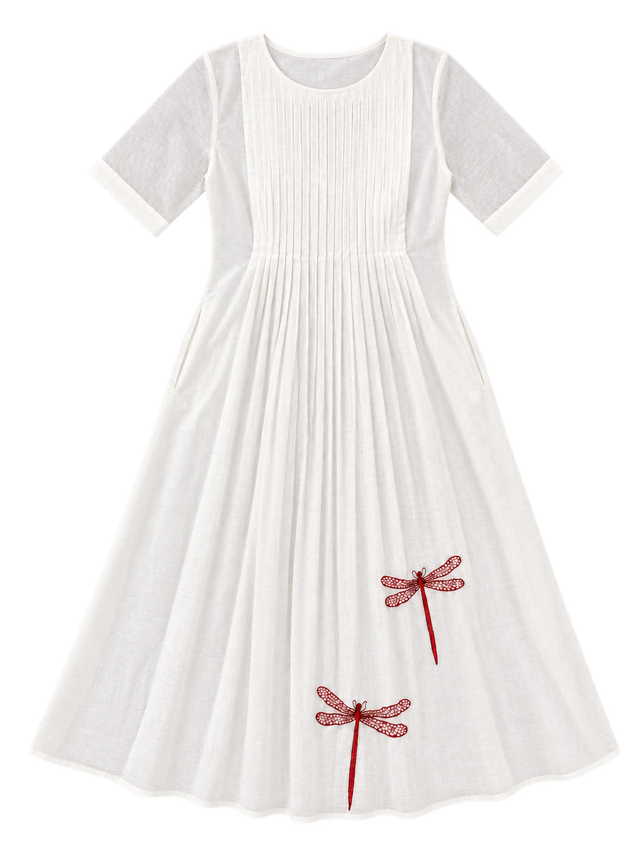 White Chanderi Silk Dress - Dragon Fly Embroidery