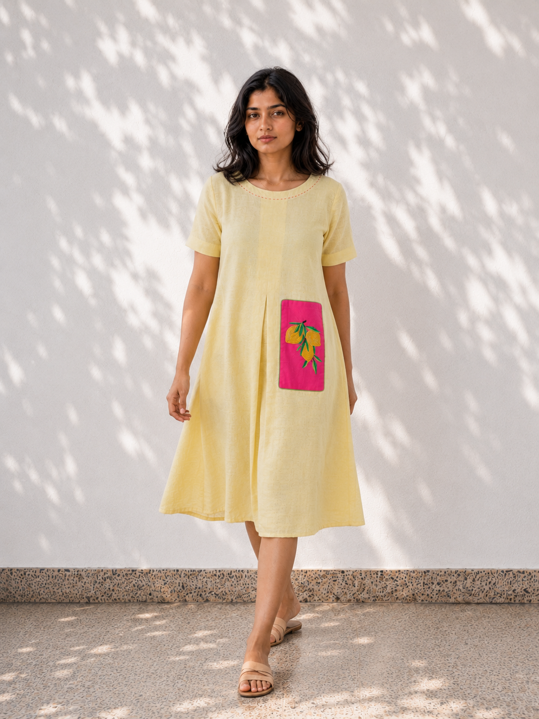 Yellow Cotton Dress - Lemon Embroidery