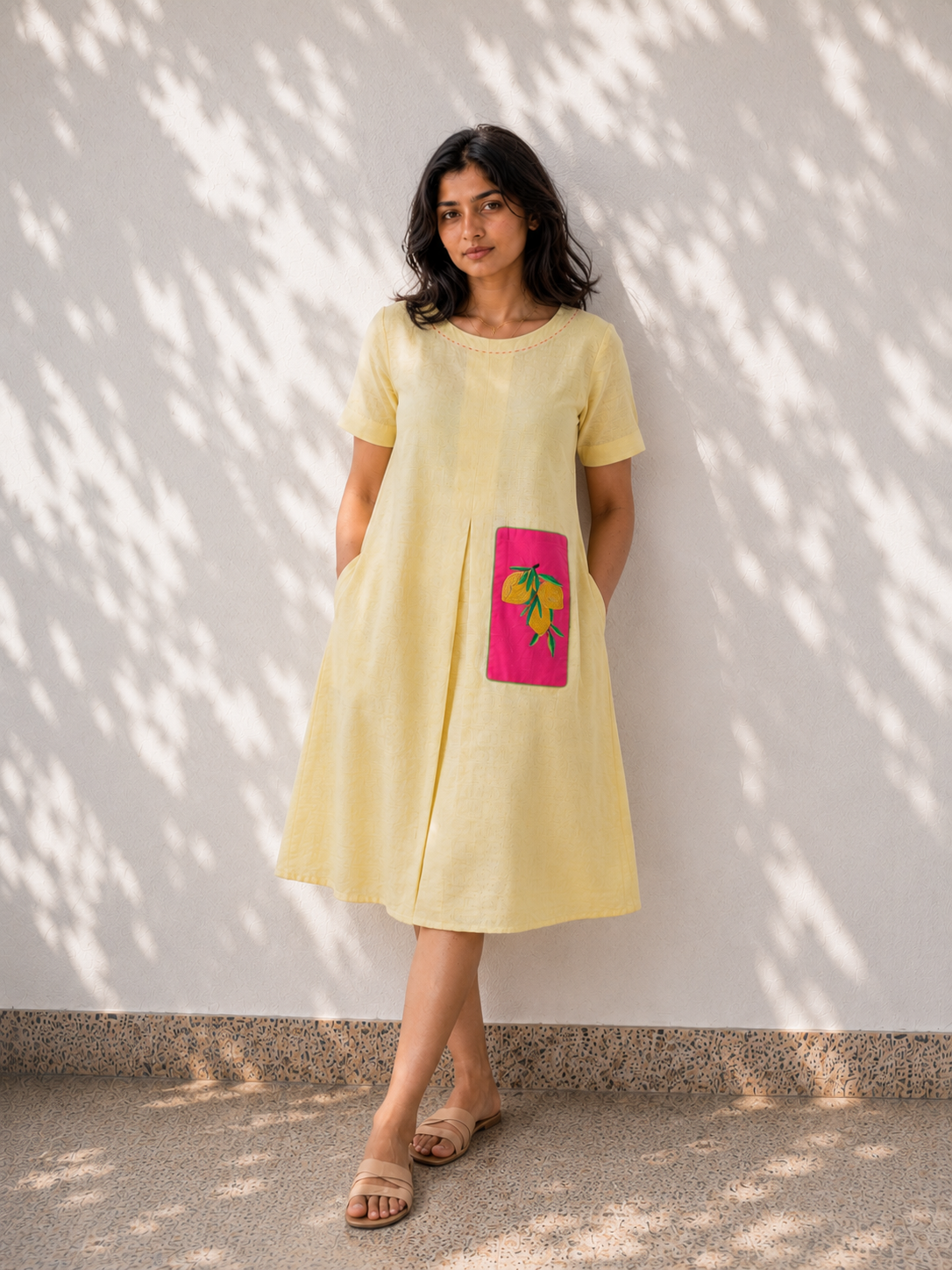 Yellow Cotton Dress - Lemon Embroidery