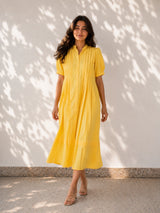 Yellow Pleated Cotton Poplin Dress