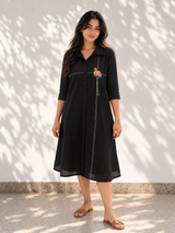 Black Midi Dress - Flamingo Embroidery Hello June