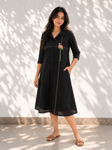 Black Midi Dress - Flamingo Embroidery Hello June