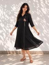 Black Midi Dress - Flamingo Embroidery Hello June
