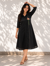 Black Midi Dress - Flamingo Embroidery Hello June